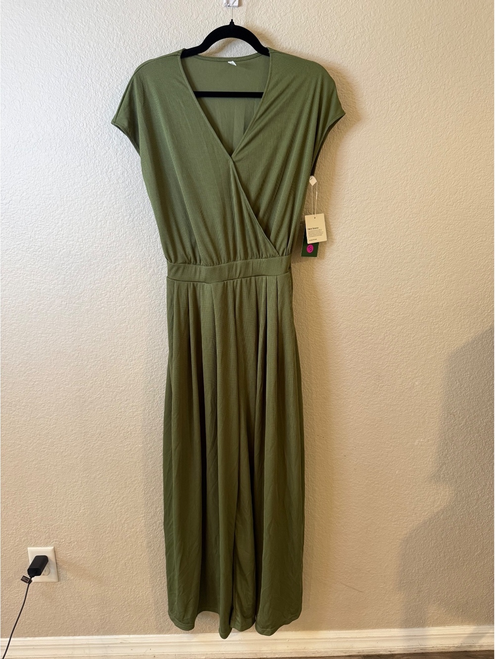 Halara Small Regular V Neck Short Sleeve Pocket Wide Leg Waffle Jumpsuit Green